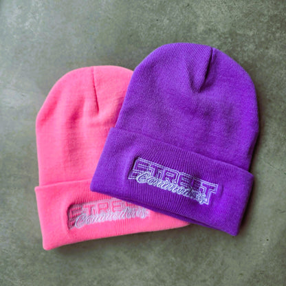 Street Commodores Embroidered Knit Beanie – Pink / Purple